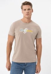 Bawełniany t-shirt T-NECOS. Brązowe t-shirty męskie Volcano, l, bez wzorów, z bawełny, bez kołnierzyka, bez ramiączek. Za 59.99 zł.