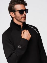 Bluza męska z rozpinaną wysoką stójką i kontrastowym nadrukiem czarna V1 OM-SSZP-0211 XXL. Czarne bluzy rozpinane męskie Ombre, m, bez wzorów, bez ramiączek, bez kaptura. Za 287.44 zł.