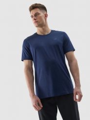 4F Koszulka treningowa regular z materiału z recyklingu męska - granatowa S. Niebieskie t-shirty męskie 4f, m, bez wzorów, z dzianiny, bez kołnierzyka, bez ramiączek. W wyprzedaży za 39.99 zł.