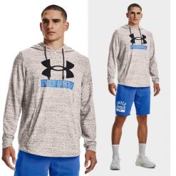Bluza fitness męska UNDER ARMOUR Rival Terry z kapturem. Szare bluzy nierozpinane męskie Under Armour, m, bez wzorów, casualowe, bez ramiączek, z kapturem. Za 109.99 zł.