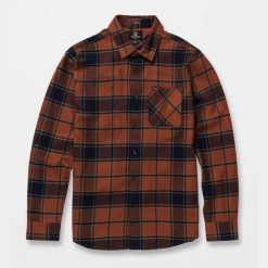 Koszula Volcom Caden w kratę mocha. Brązowe koszule męskie Volcom, m, bez wzorów, bez kołnierzyka, bez ramiączek. Za 338.36 zł.