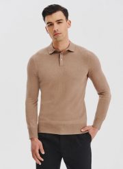 PAKO LORENTE - Sweter polo z kaszmirem. Brązowe swetry męskie Pako Lorente, bez wzorów, z bawełny, bez kołnierzyka, bez ramiączek. Za 279.99 zł.