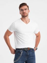 T-shirt męski V-NECK z elastanem - biały V1 - Rozmiar: M. Białe t-shirty męskie Ombre Clothing, m, bez wzorów, z bawełny, bez kołnierzyka, bez ramiączek. W wyprzedaży za 24.99 zł.