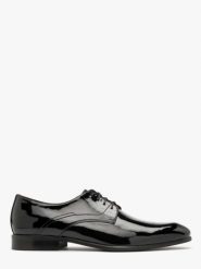 Czarne lakierowane półbuty męskie. Czarne eleganckie półbuty męskie Ryłko, z lakierowanej skóry, bez obcasa, bez zapięcia. W wyprzedaży za 379.99 zł.