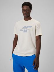 4F T-shirt regular z nadrukiem męski - beżowy M. Brązowe t-shirty męskie 4f, m, bez wzorów, z bawełny, bez kołnierzyka, bez ramiączek. Za 59.99 zł.