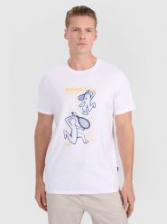 4F T-shirt regular z nadrukiem męski - biały M. Białe t-shirty męskie 4f, m, bez wzorów, z bawełny, bez kołnierzyka, bez ramiączek. Za 69.99 zł.