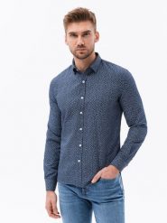 Bawełniana koszula męska z mikro printem paisley REGULAR FIT - granatowa V2 - Rozmiar: M. Niebieskie koszule męskie Ombre Clothing, m, bez wzorów, z bawełny, bez kołnierzyka, bez ramiączek. W wyprzedaży za 97.49 zł.