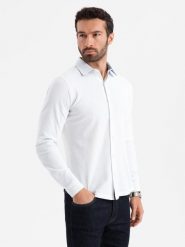 Dzianinowa koszula męska SLIM FIT z długim rękawem – biała V1 - Rozmiar: L. Białe koszule męskie Ombre Clothing, l, bez wzorów, z bawełny, bez kołnierzyka, bez ramiączek. W wyprzedaży za 109.99 zł.