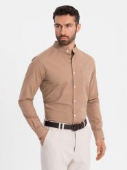 Lniana koszula męska ze stójką i kieszenią REGULAR FIT – jasnobrązowa V7 OM-SHCS-0161 - XXL. Brązowe koszule męskie Ombre Clothing, na lato, l, bez wzorów, z bawełny, bez kołnierzyka, bez ramiączek. Za 131.99 zł.