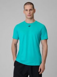 4F Koszulka treningowa regular szybkoschnąca męska - turkusowa XL. Niebieskie t-shirty męskie 4f, m, bez wzorów, bez kołnierzyka, bez ramiączek. Za 99.99 zł.