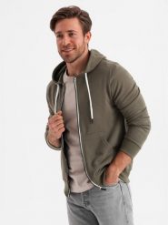 Bluza męska rozpinana z kapturem BASIC - ciemnooliwkowa V11 - Rozmiar: S. Zielone bluzy rozpinane męskie Ombre Clothing, m, bez wzorów, z bawełny, bez ramiączek, z kapturem. W wyprzedaży za 59.99 zł.