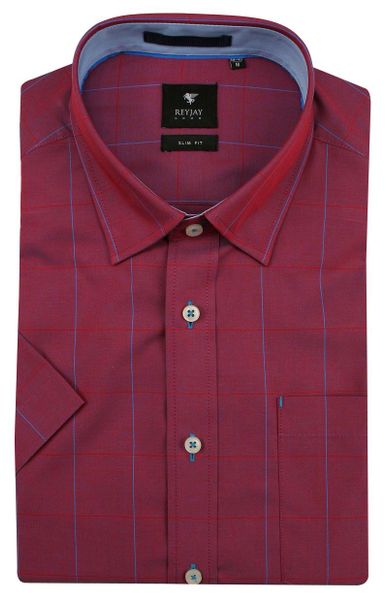 Bordowa Bawełniana Koszula z Krótkim Rękawem -REY JAY- w Delikatną Niebieską Kratkę. Czerwone koszule męskie Rey Jay, m, bez wzorów, z bawełny, bez kołnierzyka, bez ramiączek. Za 119.00 zł.