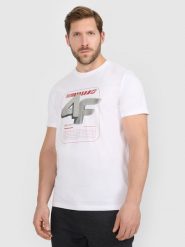 4F T-shirt regular z nadrukiem męski - biały M. Białe t-shirty męskie 4f, m, bez wzorów, z bawełny, bez kołnierzyka, bez ramiączek. Za 69.99 zł.