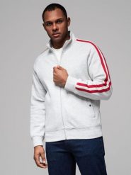 Męska bluza dresowa z wysokim kołnierzem i lampasami – szary melanż V1 - Rozmiar: S. Szare bluzy rozpinane męskie Ombre Clothing, m, z aplikacjami, z bawełny, retro, bez ramiączek, bez kaptura. W wyprzedaży za 179.99 zł.