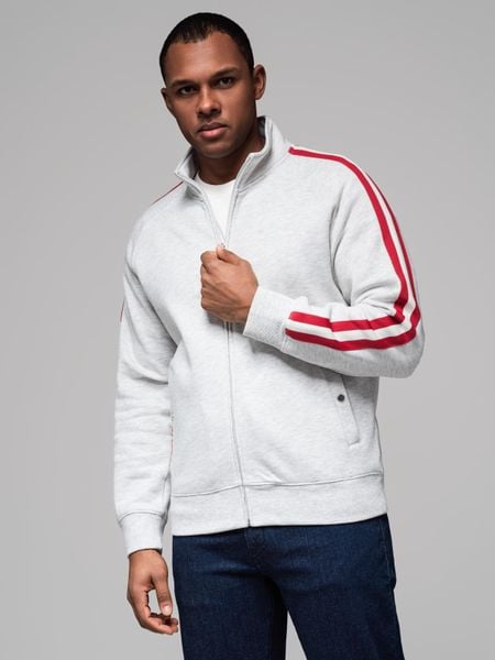 Męska bluza dresowa z wysokim kołnierzem i lampasami – szary melanż V1 - Rozmiar: S. Szare bluzy rozpinane męskie Ombre Clothing, m, z aplikacjami, z bawełny, retro, bez ramiączek, bez kaptura. W wyprzedaży za 155.99 zł.