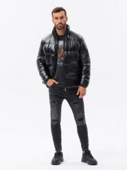 Kurtka męska zimowa puffer błyszcząca - czarna V1 - Rozmiar: XL. Czarne kurtki męskie Ombre Clothing, na zimę, m, bez wzorów, bez ramiączek, bez kaptura. W wyprzedaży za 119.99 zł.