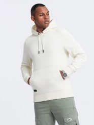 Dresowa bluza męska kangurka z kapturem BASIC – kremowa V5 - Rozmiar: S. Białe bluzy nierozpinane męskie Ombre Clothing, m, bez wzorów, z dresówki, sportowe, bez ramiączek, z kapturem. W wyprzedaży za 142.49 zł.