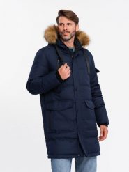 Długa ciepła kurtka męska z kapturem typu parka granatowa V1 OM-JALJ-0182 XL. Kurtki męskie Ombre, m, bez wzorów, bez ramiączek, z kapturem. Za 363.08 zł.