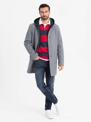 Melanżowy męski długi płaszcz z kapturem – szary V1 OM-COWC-0122 - XXL. Niebieskie płaszcze męskie Ombre Clothing, na zimę, l, bez wzorów, z materiału, eleganckie, z kapturem. Za 359.99 zł.