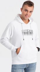 Ombre Męska bluza nierozpinana z kapturem i nadrukiem - biała V1 OM-SSPS-0153 L. Białe bluzy nierozpinane męskie Ombre, l, bez wzorów, bez ramiączek, z kapturem. Za 49.99 zł.