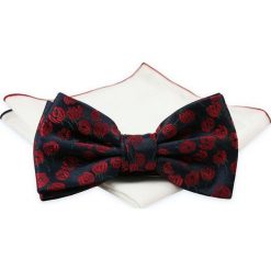 Ciemna Granatowa Mucha z Białą Poszetką -CHATTIER- Męska, w Czerwone Kwiatki. Czerwone krawaty i muchy męskie Chattier, bez wzorów, eleganckie. Za 44.00 zł.