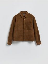 Kurtka koszulowa z imitacji zamszu - brązowy. Brązowe kurtki męskie Reserved, l, bez wzorów, z dzianiny, bez ramiączek, bez kaptura. Za 149.99 zł.