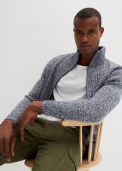 Sweter rozpinany ze stójką. Niebieskie kardigany męskie bonprix, l, bez wzorów, bez ramiączek. Za 129.99 zł.