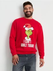 Bluza crewneck regular Grinch - czerwony. Czerwone bluzy nierozpinane męskie Sinsay, l, bez wzorów, bez ramiączek, bez kaptura. Za 59.99 zł.