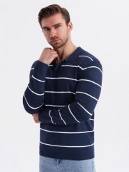 Męski longsleeve polo w poziome paski z wiskozą granatowo-biały V1 OM-POLS-0146 XXL. Białe koszulki polo męskie Ombre, m, bez wzorów, z wiskozy, bez kołnierzyka, bez ramiączek. Za 317.70 zł.
