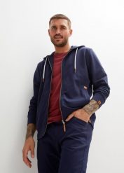 Bluza rozpinana z kapturem z detalami z imitacji skóry. Niebieskie bluzy rozpinane męskie bonprix, l, bez wzorów, ze skóry, bez ramiączek, z kapturem. Za 132.99 zł.