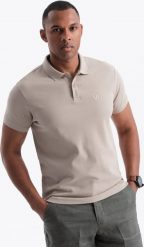 Ombre Jednokolorowa koszulka męska polo BASIC z dzianiny pique - ciemnobeżowa V5 OM-POBS-0100 XL. Brązowe koszulki polo męskie Ombre, m, bez wzorów, z dzianiny, bez kołnierzyka, bez ramiączek. Za 79.99 zł.