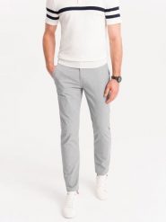 Spodnie męskie chino z ozdobną taśmą w pasie SLIM FIT – szare V6 - Rozmiar: S. Szare spodnie na co dzień męskie Ombre Clothing, bez wzorów, z bawełny, casualowe. W wyprzedaży za 179.99 zł.