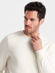 Nierozpinana męska bluza dresowa BASIC – kremowa V5 OM-SSBN-0159 - XXL. Białe bluzy nierozpinane męskie Ombre Clothing, l, bez wzorów, z dresówki, klasyczne, bez ramiączek, bez kaptura. Za 119.99 zł.