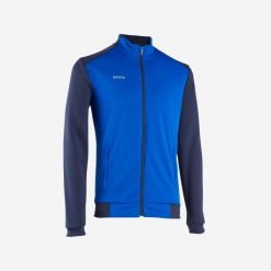 Bluza piłkarska Kipsta Essential trening. Niebieskie bluzy nierozpinane męskie KIPSTA, bez wzorów, z elastanu, sportowe, bez ramiączek, bez kaptura. Za 69.99 zł.