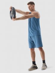 4F Spodenki treningowe szybkoschnące męskie - niebieskie L. Niebieskie szorty sportowe męskie 4f, bez wzorów, z dzianiny, sportowe. W wyprzedaży za 49.99 zł.