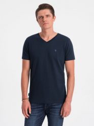 T-shirt męski V-NECK z elastanem - granatowy V2 - Rozmiar: XL. Niebieskie t-shirty męskie Ombre Clothing, m, bez wzorów, z bawełny, bez kołnierzyka, bez ramiączek. W wyprzedaży za 24.99 zł.