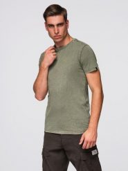 Męski t-shirt z efektem sprania – oliwkowy V4 - Rozmiar: M. Zielone t-shirty męskie Ombre Clothing, m, bez wzorów, z bawełny, bez kołnierzyka, bez ramiączek. Za 149.99 zł.