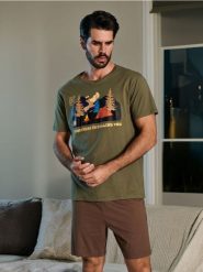 Piżama dwuczęściowa - khaki. Brązowe piżamy męskie Sinsay, l, bez wzorów, bez kołnierzyka, bez ramiączek. Za 39.99 zł.