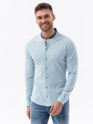 Koszula męska dzianinowa z długim rękawem - błękitna V3 - Rozmiar: XL. Niebieskie koszule męskie Ombre Clothing, m, bez wzorów, z dzianiny, bez kołnierzyka, bez ramiączek. W wyprzedaży za 39.99 zł.