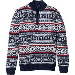 Sweter ze stójką w norweski wzór bonprix ciemnoniebiesko-biel wełny - ciemnoczerwony wzorzysty. Niebieskie swetry męskie bonprix, bez wzorów, z wełny, bez kołnierzyka, bez ramiączek. Za 109.99 zł.