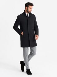 Dopasowany strukturalny męski płaszcz z wysokim kołnierzem – czarny V1 - Rozmiar: S. Czarne płaszcze męskie Ombre Clothing, m, z aplikacjami, z materiału, eleganckie, bez kaptura. Za 519.99 zł.