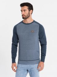 Bawełniany męski sweter z naszywką i raglanowymi rękawami – granatowy V1 OM-SWSW-0121 - XXL. Niebieskie swetry męskie Ombre Clothing, z aplikacjami, z bawełny, bez kołnierzyka, bez ramiączek. Za 125.99 zł.