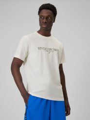 4F T-shirt regular z nadrukiem męski - beżowy L. Brązowe t-shirty męskie 4f, l, bez wzorów, z bawełny, bez kołnierzyka, bez ramiączek. Za 69.99 zł.