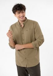 Koszula lniana z wiskozą K-VINCES. Brązowe koszule męskie Volcano, na lato, m, bez wzorów, ze lnu, bez kołnierzyka, bez ramiączek. Za 149.99 zł.