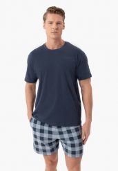 Piżama męska z szortami U-SEN. Niebieskie piżamy męskie Volcano, l, bez wzorów, z bawełny, bez kołnierzyka, bez ramiączek. Za 109.99 zł.