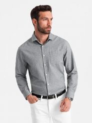 Koszula męska z kieszenią REGULAR FIT - szary melanż V3 - Rozmiar: XL. Szare koszule męskie Ombre Clothing, m, bez wzorów, z bawełny, bez kołnierzyka, bez ramiączek. W wyprzedaży za 49.99 zł.