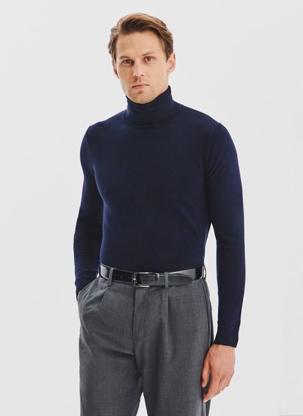 PAKO LORENTE - Granatowy gładki golf męski. Niebieskie swetry męskie Pako Lorente, bez wzorów, z bawełny, bez kołnierzyka, bez ramiączek. Za 169.99 zł.