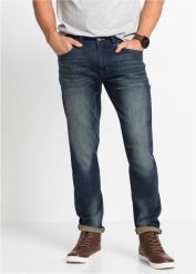 Lekkie dżinsy ze stretchem Slim Fit Straight. Niebieskie jeansy męskie bonprix, z aplikacjami, z jeansu, sportowe. Za 149.99 zł.