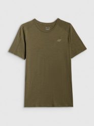 4F Koszulka trekkingowa z wełną merino męska - khaki S. Brązowe t-shirty męskie 4f, l, bez wzorów, z wełny, bez kołnierzyka, bez ramiączek. Za 199.99 zł.