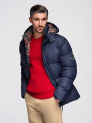 Kurtka męska puffer z podszewką w kratę – granatowa V1 - Rozmiar: XL. Niebieskie kurtki męskie Ombre Clothing, m, z aplikacjami, z bawełny, bez ramiączek, bez kaptura. Za 419.99 zł.